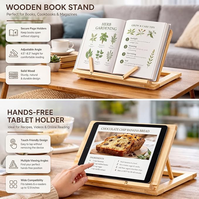 Gerrii Wooden Book Stand with Page Holder Clips Adjustable Foldable Reading Stand for Cookbooks Recipes Textbooks Bible Documents Tablet Solid Pine Wood Hands-Free Set Book Holder for Counter Desk