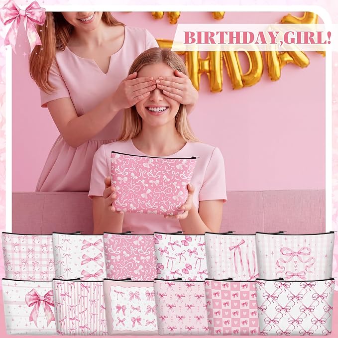 Reginary 24 Pcs Pink Bow Makeup Bags Coquette Bow Cosmetic Bags with Zippers Coquette Party Favors Pink Aesthetic Elegant Pouch Bulk Gifts for Women Stuff Christmas Birthday Supplies Travel Accessory