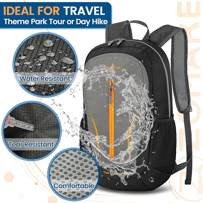 ZOMAKE Lightweight Packable Backpack 25L, Foldable Hiking Daypack | Water Resistant Small Folding Backpacks for Travel, Everyday Carry, Multi-Pocket Layout, Breathable Shoulder Strap