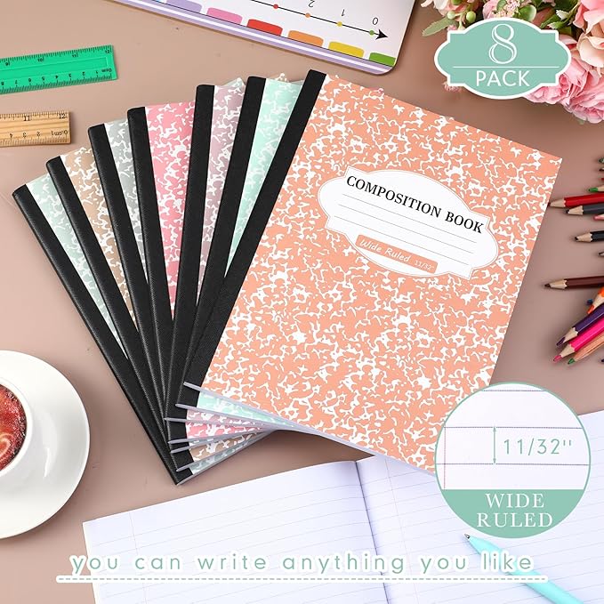 Colarr 8 Pack Composition Notebook 9.75 x 7.5 Inch Wide Ruled Marble Paper Composition Books Assorted Fun Colors Office School Notebook, Hard Cover, Sturdy Sewn Binding(Boho Color)