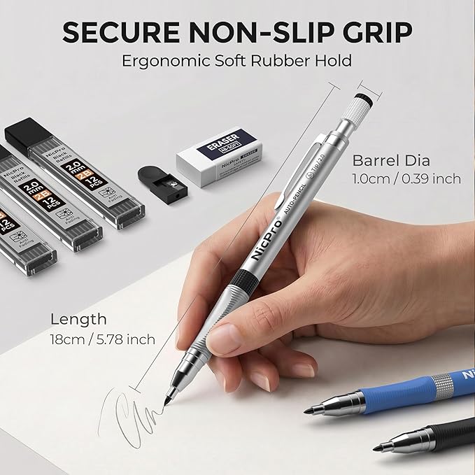 Nicpro 11 Pieces 2mm Mechanical Pencil Set, 3 PCS Carpenter Drafting Pencil 2.0 mm for Art Drawing Writing Sketching Construction with 6 Tube Pre-Sharpen HB & 2B Refill, Eraser, Sharpener