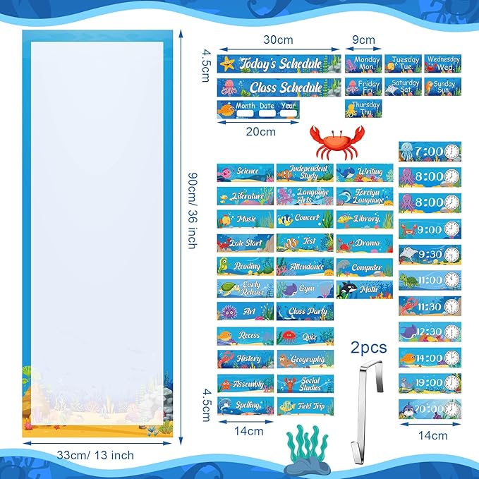 Gueevin Under the Sea Daily Schedule Pocket Chart & Card Set Include 1 Hanging Chart with 24 Pockets 2 Metal Hooks 60 Schedule & Activity Cards Reusable Calendar for Kindergarten Daycare Decor