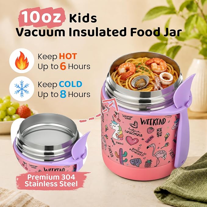 Pawtong 10oz Soup Thermo for Hot Food Kids Insulated Food Jar,Thermo Hot Food Lunch Container, Width Mouth Stainless Steel Lunch Box for Kids with Spoon (Pink-flamingo)