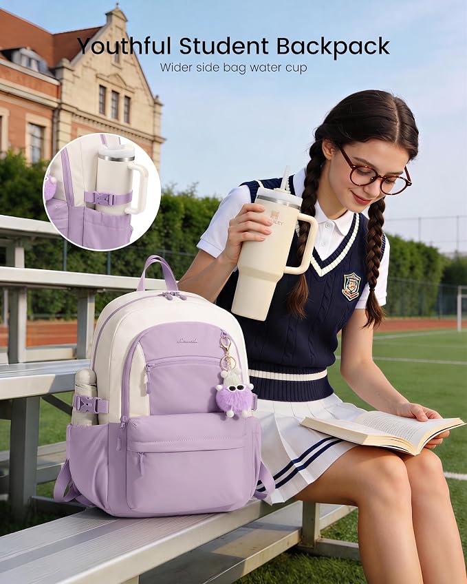 LOVEVOOK School Backpack for Teen Girls & Women, 35L Large Laptop Backpack with 40oz Water Bottle Pocket, Waterproof Cute College Bookbag, Student Backpack for Middle High School Travel Work Purple