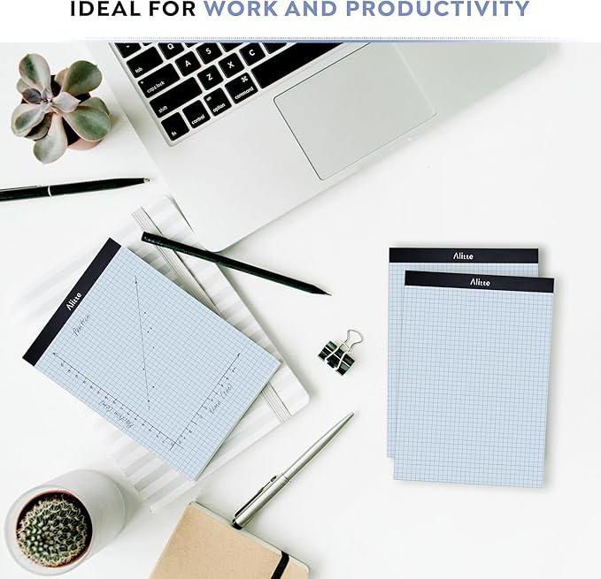 Alitte Graph Paper Pad, Pack of 3, White Letter Size - 4x4 Quad Grid Paper, With Blue Lines - Easy-Tear Perforations, 11x8.5 Cardboard Backing - Graph Notepads for School, Office -50 Sheets per Pad