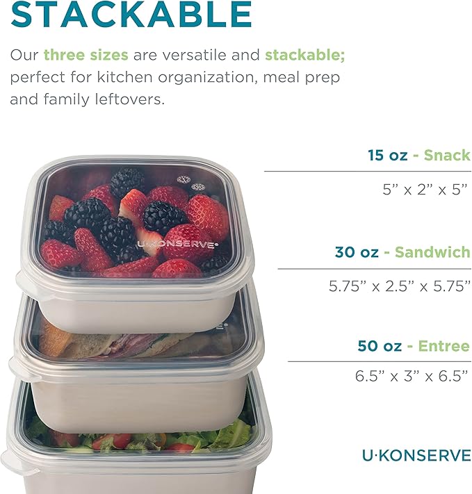 UKONSERVE Stainless Steel Food Storage Bento Box Container, Leak Proof Silicone Lid Dishwasher Safe - Plastic Free (50oz Clear)