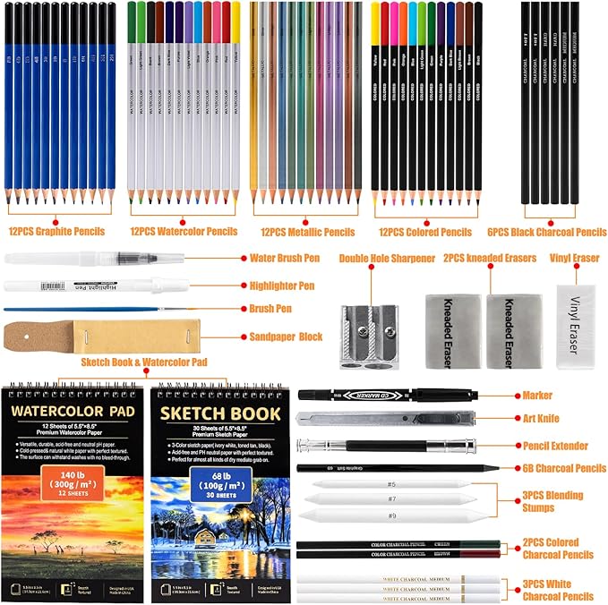 Drawdart Art Supplies Drawing Pencils Set - 76 Pack Pro Sketching Kit with Sketchbook & Watercolor Pad, Includes Graphite, Charcoal, Watercolor & Metallic Pencils for Kids, Teens, Adults