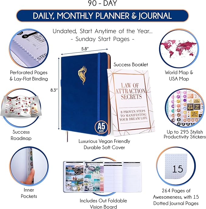 Manifestation Journal for Women and Men — 5 Minute Manifesting and Goals Journal | 3 Month Undated Daily Planner | Law of Attraction Planner, Affirmations, Gratitude | Vision Board + Stickers