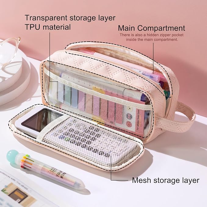 EASTHILL Large Capacity Pencil Case Cute Pencil Pouch with Handle Stationery Pen Bag for Teen Girls-Pink