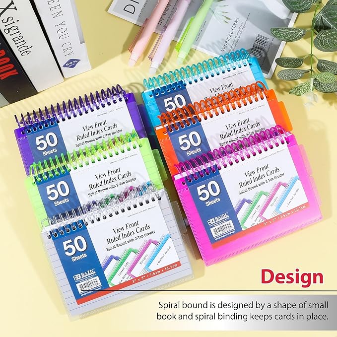 BAZIC Products Ruled Index Cards Book 3" X 5", View Poly Cover Spiral Bound Memo w/ 2 Tab Divider, White Flashcards, Lined Card for Memory (50/Pack), 24-Packs