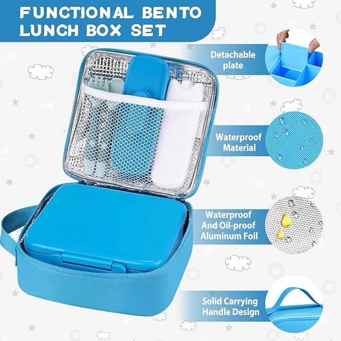 MAISON HUIS Bento Lunch Box with 8oz Soup Thermo, 5-Compartment Leak-Proof Container, Thermo Hot Food Jar and Insulated Lunch Bag, BPA Free,Travel, School (Blue)