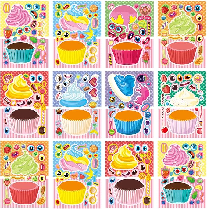 24 Sheets 8.27''×5.9'' Make Your Own Cupcake Stickers for Kids Toddlers, Make a Face Stickers for Kids Party Favors Activities