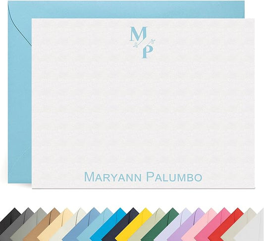 Personalized Stationery Note Cards with Envelopes – Custom Minimalist Thank You Cards, 12 Flat Note Cards & Colored Envelopes – Crush-Resistant Packaging - Folded Cards Option (Split Initial Diagonal)