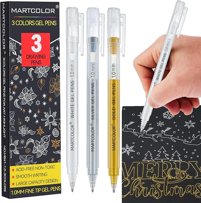 MARTCOLOR Gold Silver White Gel Pens, 1.0 Fine Point Opaque Archival Ink Pen for Black Paper Drawing, Art Highlight, Illustration, Bullet Journaling, Card Making & DIY Projects, 3 Pack