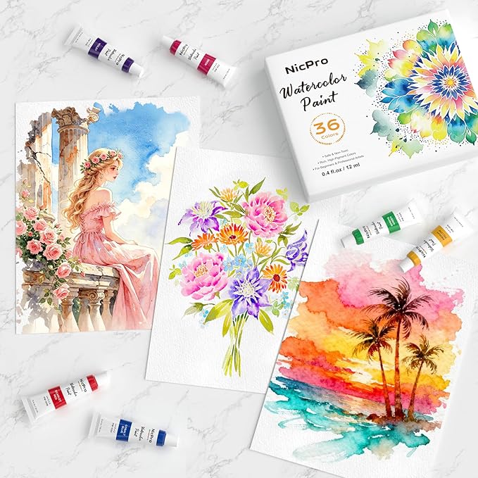 Nicpro Watercolor Paint Set for Adults, 36 Colors Watercolor Tube Set (12ml, 0.4oz), High Pigment Travel Water Color Painting Supplies for Artists Beginners, Color Wheel & Swatch Cards Included
