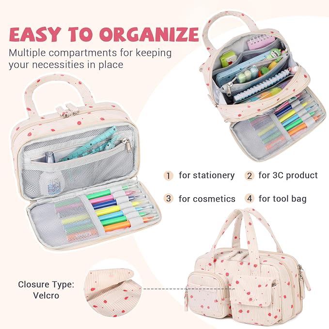 Pencil Case Corduroy Multiple Compartments Pouch Bag for Girl, Strawberry