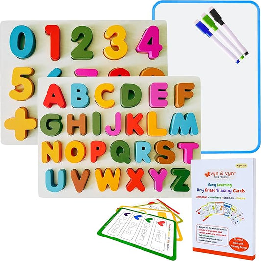 5-in-1 Wooden Puzzles for Toddlers 3-5 | Montessori Alphabet Number Shape Learning Toys | Magnetic Whiteboard, Flashcards & Markers | Preschool Educational Activity Kit | VYN & VYN (Multicolor)