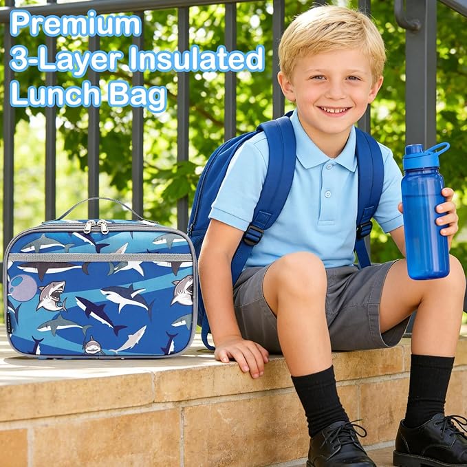 FlowFly Kids Lunch box Insulated Soft Bag Mini Cooler Back to School Thermal Meal Tote Kit for Girls, Boys, Shark