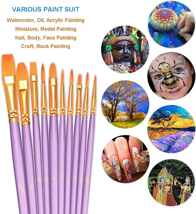 BOSOBO Paint Brushes Set, 4 Pack 40 Pcs Round Pointed Tip Paintbrushes Nylon Hair Artist Acrylic Paint Brushes for Acrylic Oil Watercolor, Face Nail Art, Miniature Detailing & Rock Painting, Purple