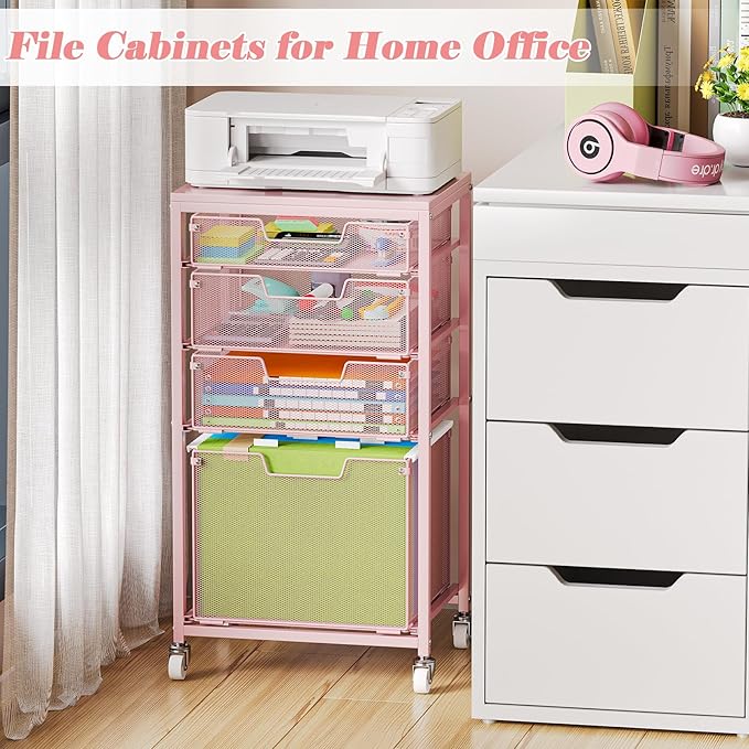 Sbanmao 4 Drawer Rolling File Cart Under Desk Storage, File Cabinets for Home Office, Mobile Filing Cabinet, Hanging File Organizer with Wheels, Utility Cart Printer Stand, Pink