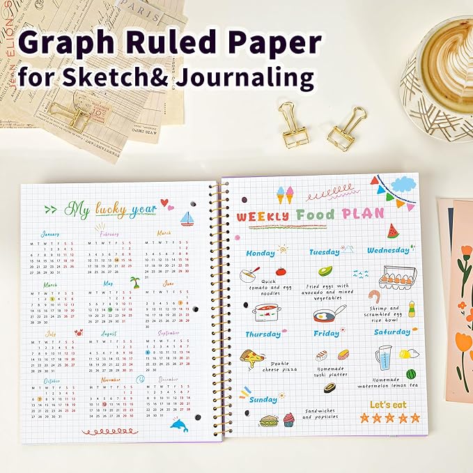MUAHLIUB Graph Paper Notebook,1 Subject 80GSM Thick Grid Paper Notebook 8" x 10-1/2",Hardcover Spiral Notebooks for School Work Women Men, Graphing Notebook Journal for Writing,3-Hole Punched Purple