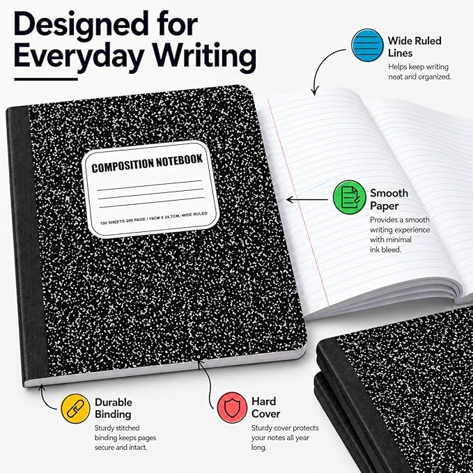 CLEENTABLE Composition Notebook 5 Pack, Wide Ruled Paper, Marble Cover Notebooks for School, 9.75 x 7.5 Inches, 100 Sheets (200 Pages), Sewn Binding Comp Books, Black