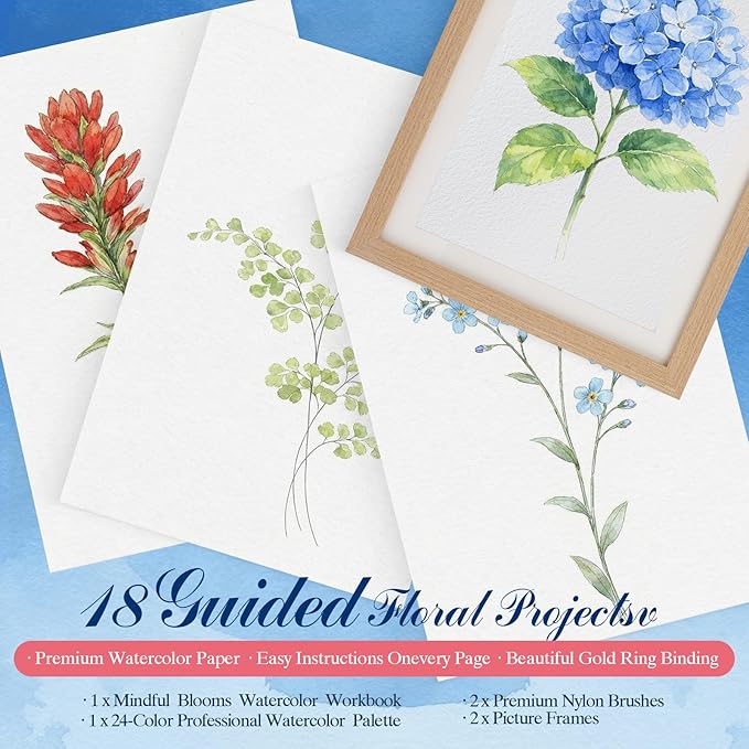 Watercolor Workbook for Beginners,18 Floral Water Coloring Book with 2 Frame,Relaxing & Easy to Paint Water Coloring Book with 24 Colors-Perfect for Gifting to Creativity & Joy for Adults