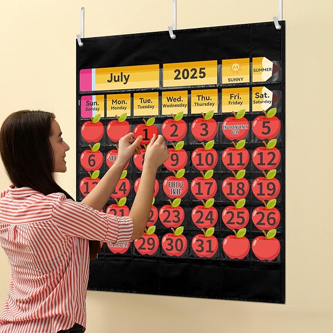 Weysat 128 Pcs Classroom Calendar Pocket Chart Set Calendar Bulletin Board with Pocket Bulletin Board Season Festival Weather Date Chart for Preschool Elementary School Teacher Supplies (Pencil)