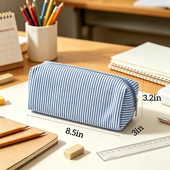 Pencil Case, Pencil Pouch for Women, Pencil Case Small, Pencil Pouch Aesthetic (Striped navy blue)