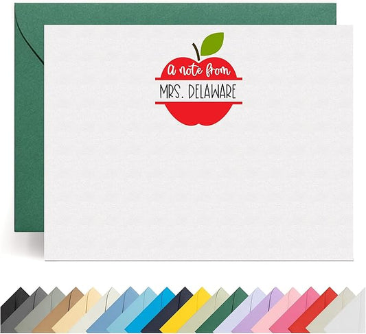 Personalized Stationery Teacher Note Cards with Envelopes – Custom Minimalist Thank You Cards, 12 Flat Note Cards & Colored Envelopes – Crush-Resistant Gift Packaging (White Apple)