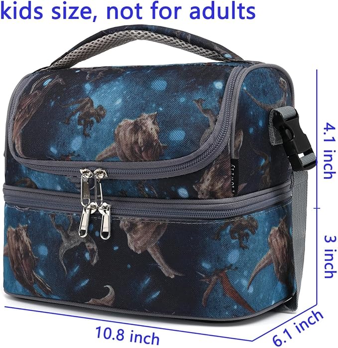 FlowFly Double Decker Cooler Insulated Lunch Bag Large Tote for Boys, Girls, Men, Women, With Adjustable Strap, MyDinosaur