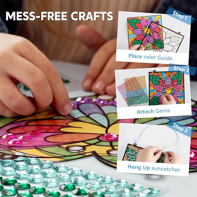 Klever Kits 4PCS Window Art Suncatcher Kits, Fun Gem Painting Kits, Diamond Art and Crafts for Boys Girls, Great Crafts Gift for Kids Birthdays Christmas Ages 6+