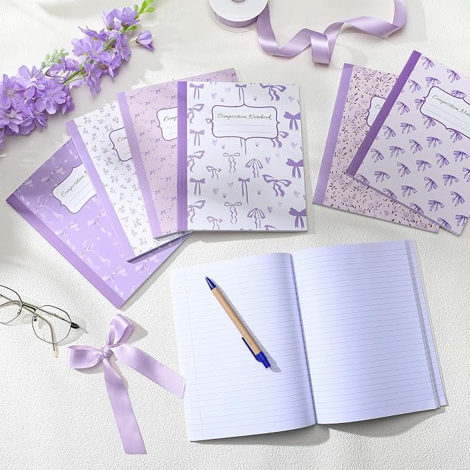 Fullhawl 6 Pack Composition Notebook College Ruled Bulk Purple Bow Composition Notebook Preppy Aesthetic for Back to School Supplies 110 Pages 9-3/4 x 7-1/2" Journal for First Day of School Office