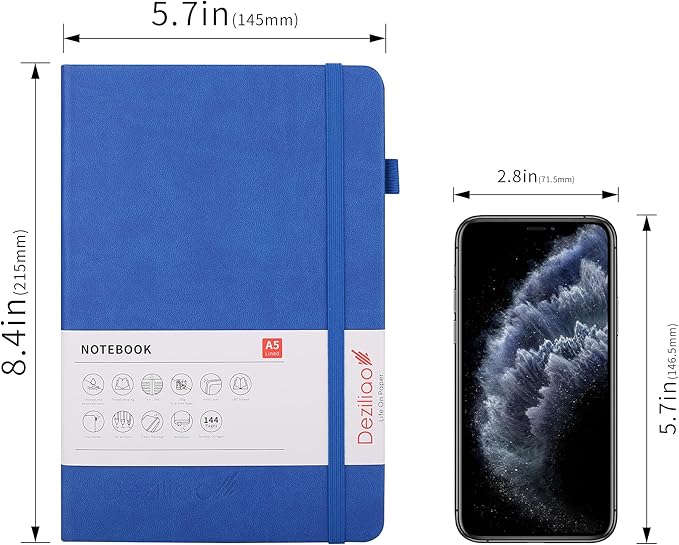 Lined Journal Notebooks with Pen Loop, Hardcover Notebook Journal for Work, 100Gsm Premium Thick Paper with Inner Pocket, Medium 5.7"x8.4", （Blue, Ruled）