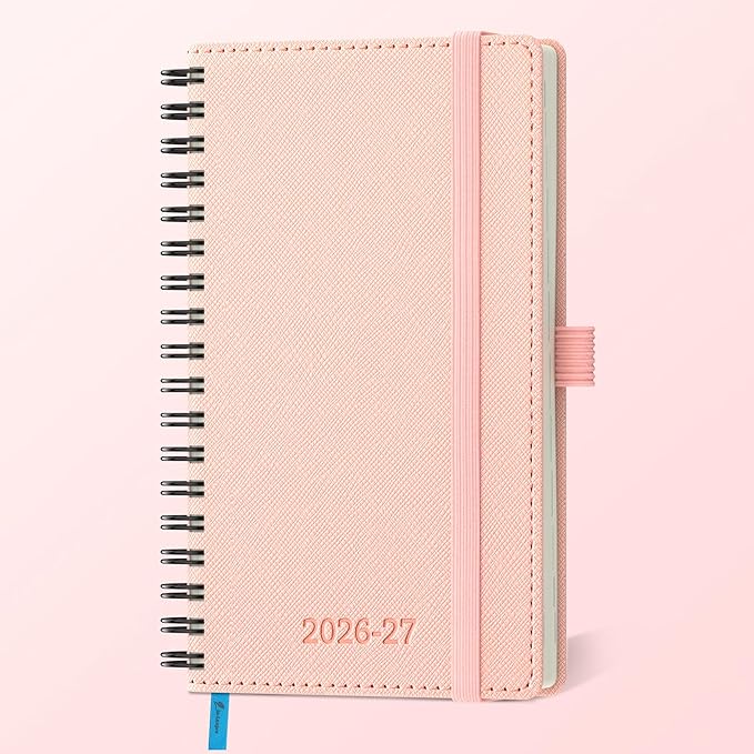 Planner 2026-2027 Daily Weekly and Monthly,6.5"x3.75",18 Months Spiral Bound Calendar Agenda with Self-adhesive Pen Holder,2026 Academic Plan with Vegan Leather Soft Cover,Pink