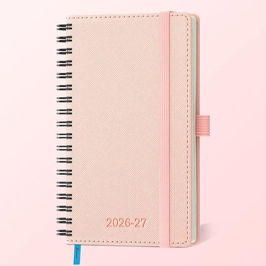 Planner 2026-2027 Daily Weekly and Monthly,6.5"x3.75",18 Months Spiral Bound Calendar Agenda with Self-adhesive Pen Holder,2026 Academic Plan with Vegan Leather Soft Cover,Pink