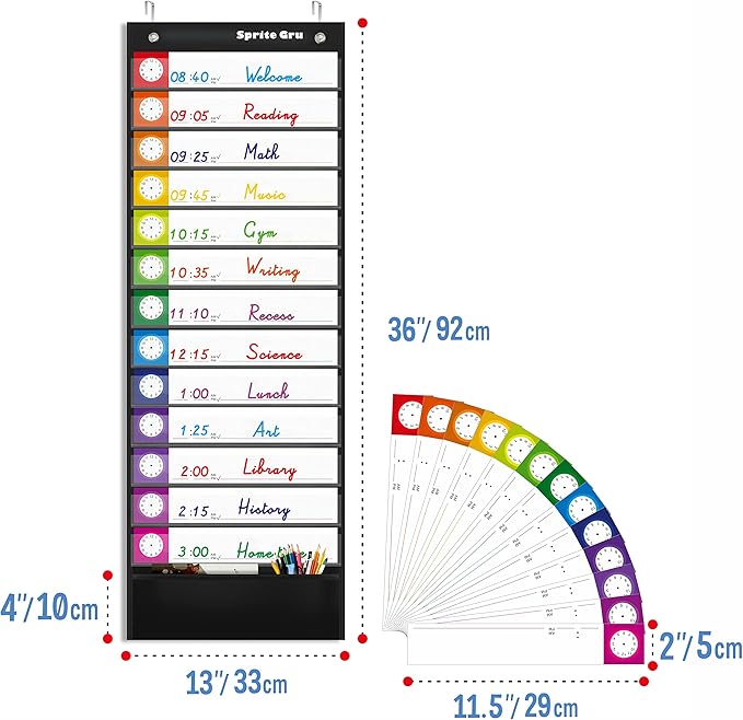 Daily Schedule Pocket Chart, Classroom Charts with 13+1 Pockets, 13 Double-Sided Reusable Colored Cards, 13 Blank Ones and 2 Over-Door Mounting Hangers Include (Black, 13” x 36”)