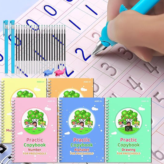 WANFRES Magic grooved Writing Practice Books Great for Beginners, 5 Books, 2 pens, 2 Pencil Grips, 20 Refills. grooved Handwriting Practice for Kids 3-10, Reusable grooved Handwriting workbooks.