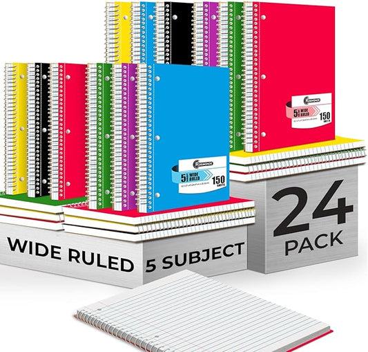 Rosmonde 24 Pack Spiral Notebook, 5 Subject, 300 Pages/Book (150 Sheets), Wide Ruled, 8 x 10-1/2, Office Spiral Notebooks, Bulk Subject Notebooks for School & Office, Soft Cover, Assorted Colors
