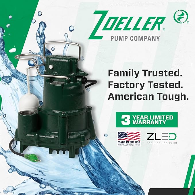 Zoeller M98 Flow-Mate Sump Pump - 1/2 HP - Cast Iron - LED Power Plug - High Flow - Vortex Impeller - Stainless Steel Hardware - Factory Tested and Float Operated - Submersible Sump Pump - 115V