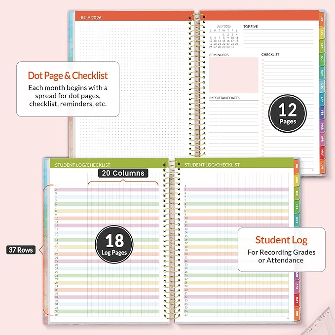 SUNEE Deluxe Teacher Planner 2026-2027, Lesson Planner Book with 7 Periods Jul 2026 - Jun 2027, 8.5" x 11" Weekly and Monthly Organizers with Colorful Tabs, Planning Stickers,120gms Paper, Pink Marble