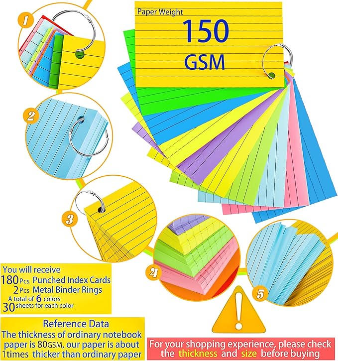 180Pcs Colored Index Cards 4x6 Inch Flash Cards with Rings Lined Note Card Flashcards, Colorful Ruled Card Pad Index Note Books 4 x 6 Notecards for Studying School Supply College Office