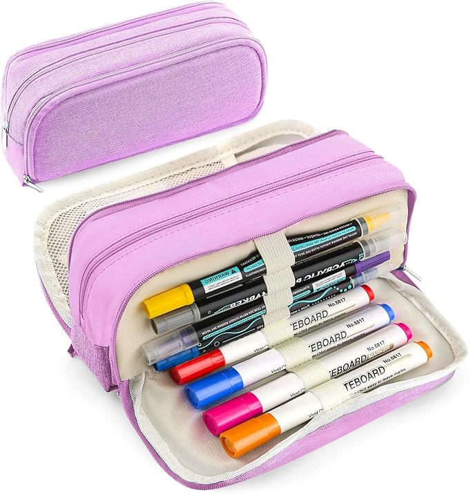 Large Capacity Pencil Case Pencil Pouch Pen Bag with 3 Compartment Stationery Organizer with Zipper, School Supplies Organizer for Teen Adults (Purple)