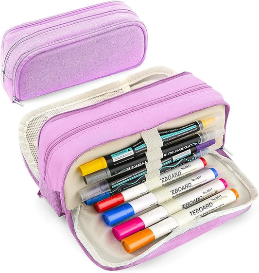 Large Capacity Pencil Case Pencil Pouch Pen Bag with 3 Compartment Stationery Organizer with Zipper, School Supplies Organizer for Teen Adults (Purple)