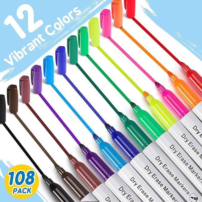 108 Count Bulk Dry Erase Markers, Fine Tip Whiteboard Markers, 12 Vibrant Colors, Back to School & Classroom Supplies for Teachers, Kids Bulk Set for Home Use