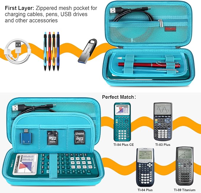 Elonbo Carrying Case for Texas Instruments TI-84 Evo/TI-84 Plus CE Evo Graphing Calculator, Extra Mesh Pocket Fits Charging Cable Charger Manual, Green