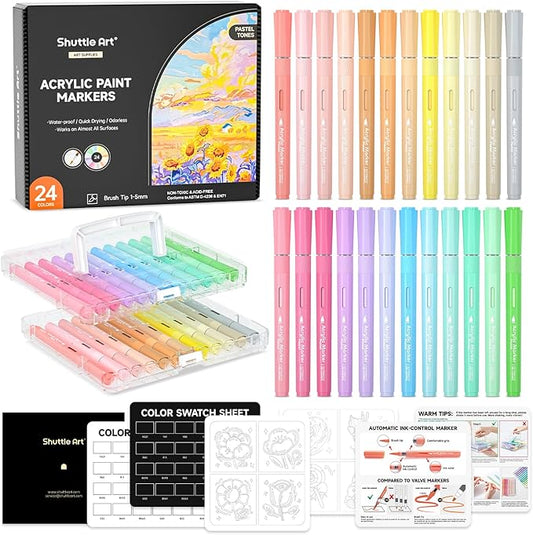 Shuttle Art Automatic Ink Control Acrylic Paint Markers, 24 Pastel Colors Brush Tip Acrylic Paint Pens for Rock Painting, Ceramic, Wood, Canvas, Glass, Stone, Fabric, Card Making, DIY Football Crafts