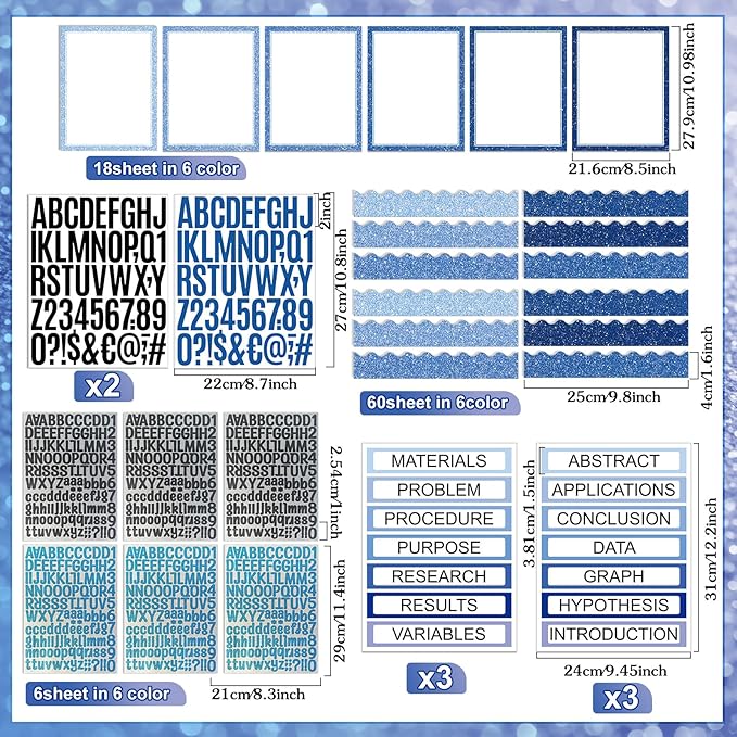 Sinload 92 Pcs Science Fair Board Supplies 60 Trim Scalloped Poster Boards 18 Presentation Subtitles 6 Project Titles 8 Letter Sticker for Classroom Display Boards(Glitter Blue,Wave)