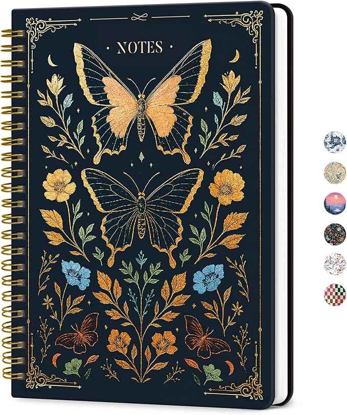 ZOTIA Lined Spiral Journal for Women, A5 Cute Hardcover College Ruled Notebook for Work, School & Note Taking, Aesthetic Writing Journal, 140 Pages (5.8" x 8.3"), Golden Butterfly