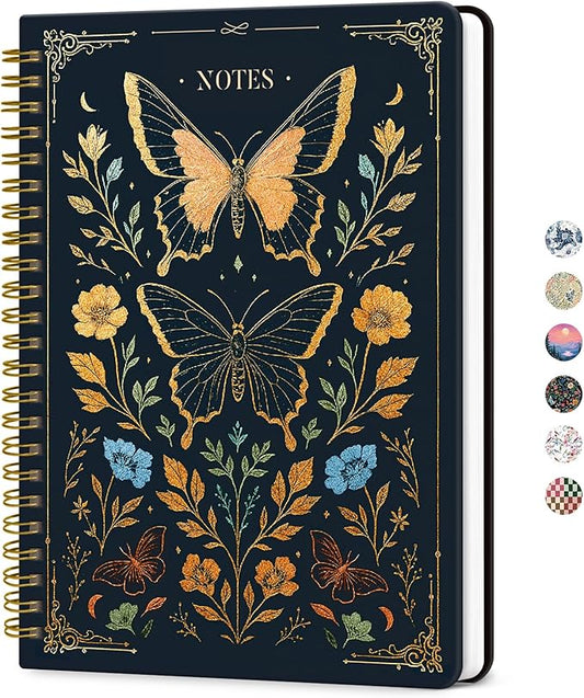 ZOTIA Lined Spiral Journal for Women, A5 Cute Hardcover College Ruled Notebook for Work, School & Note Taking, Aesthetic Writing Journal, 140 Pages (5.8" x 8.3"), Golden Butterfly